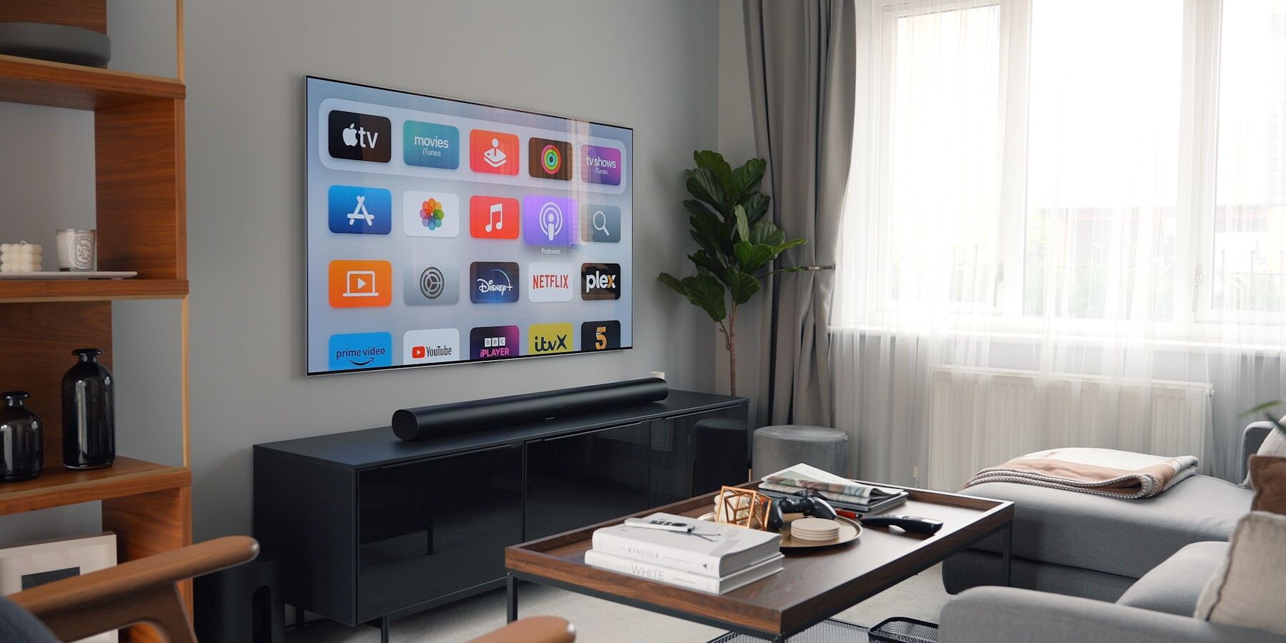 Modern living room with a large TV for MazzTV streaming